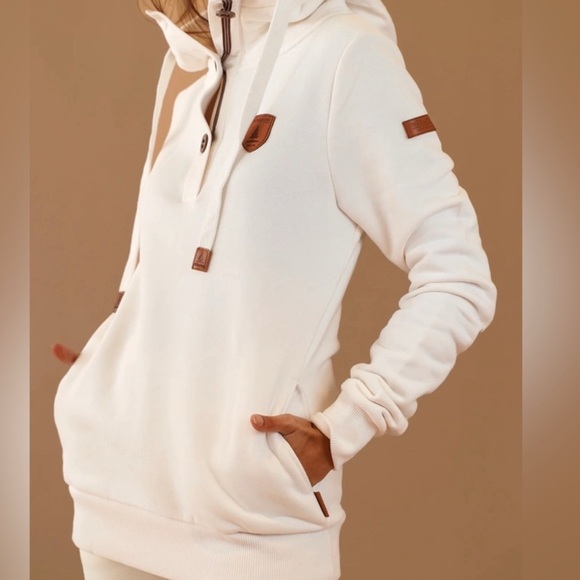 Wanakome Tops - Wanakome Cream Hoodie with Brown Leather Details - Medium